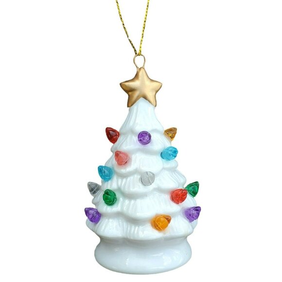 New Mini Christmas Tree Ornament Bulbs Light Up White Ceramic Snow Holiday Decor - Picture 4 of 8